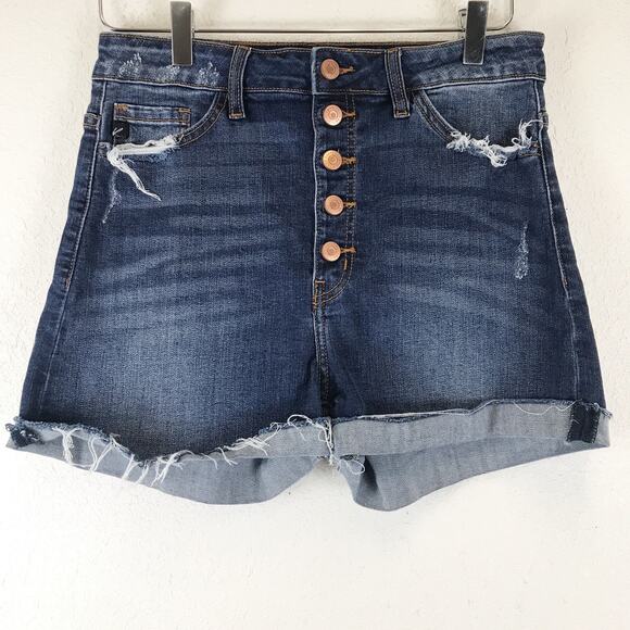 Kancan Jess Ultra High Rise Exposed Button Fly Dark Wash Folded Hem Denim Shorts - Picture 1 of 11